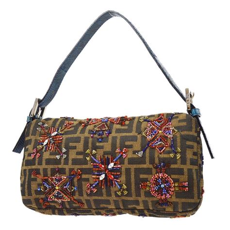 Fendi Zucca Brown Lizard Beaded Embellished Baguette Bag